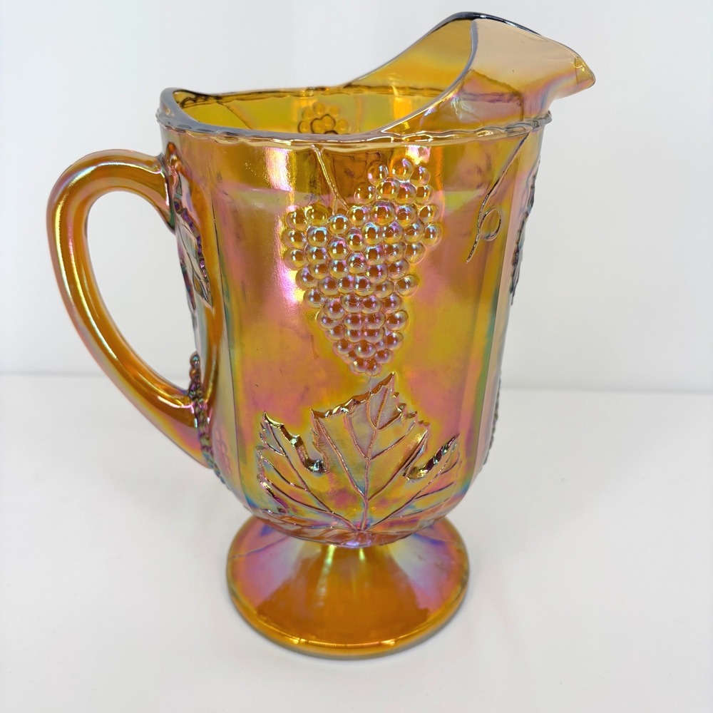 Vintage Indiana Glass Marigold Carnival Glass Pitcher Iridescent Grape Leaf
